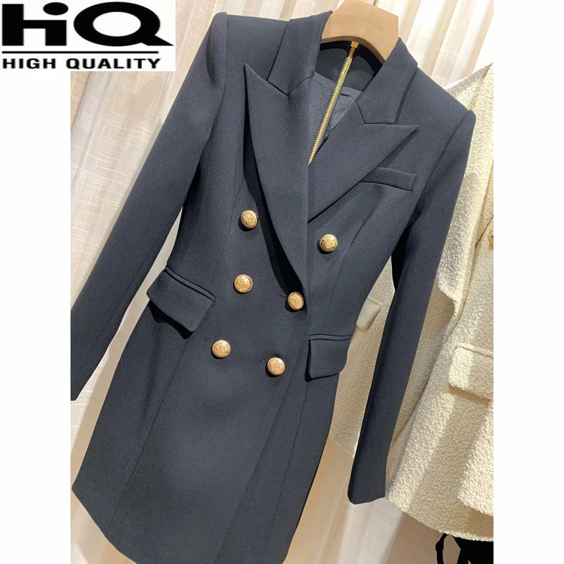 

Women Slim Temperament Double Breasted Solid Color Notched Collar Dress