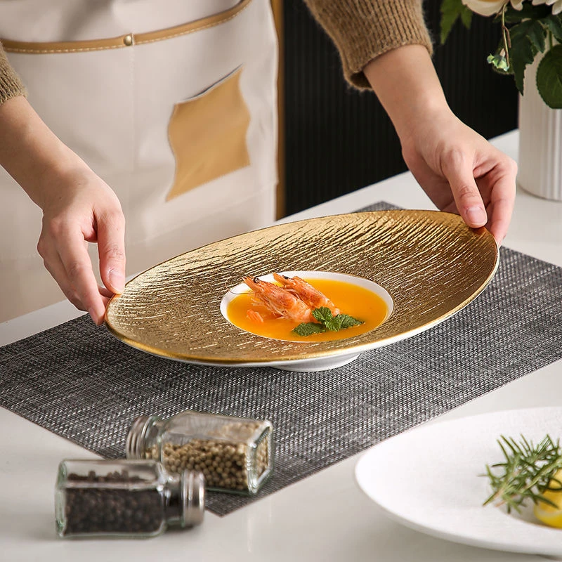 

Light Luxury Oval Spaghetti Plate Western Food Dishes Gilded Restaurant Ceramic Decorative Tray Frosted Straw Hat Dinner Plates