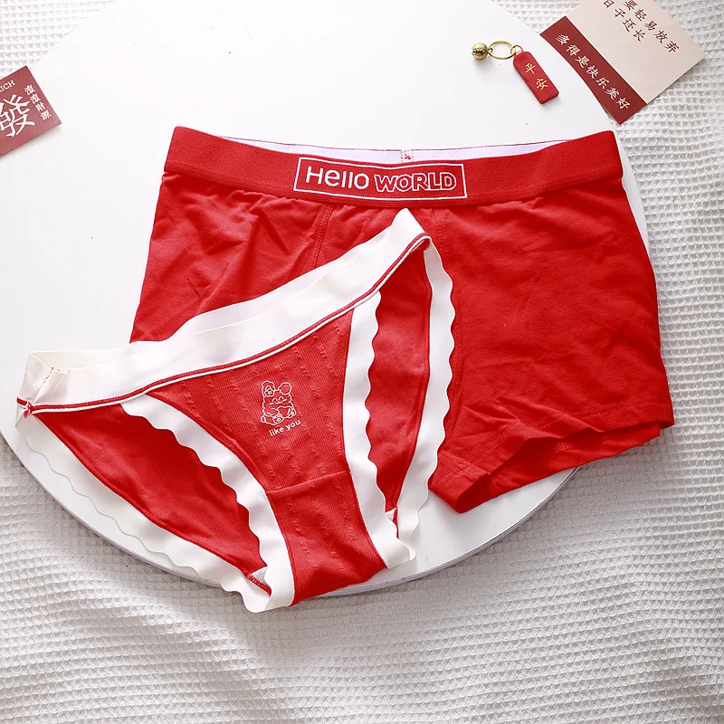 2023 Bright Red Lovers Underwear for Wedding New Year Underwear Sexy Boxers Men and Women Briefs Matching Panties 2 Pcs/set