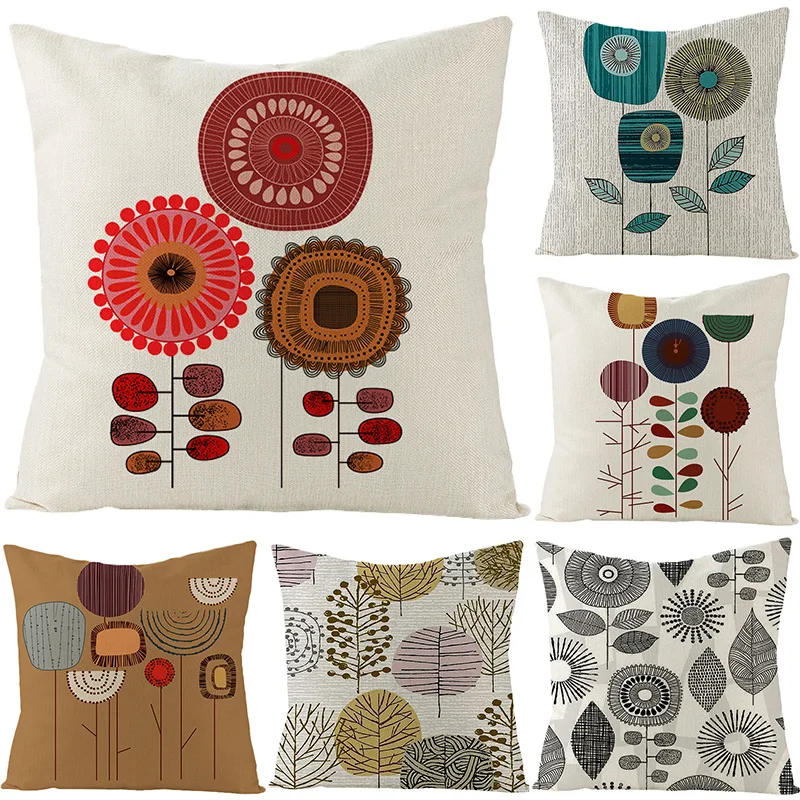 Geometric Flowers Plants Linen Cushion Cover Living Room Sof