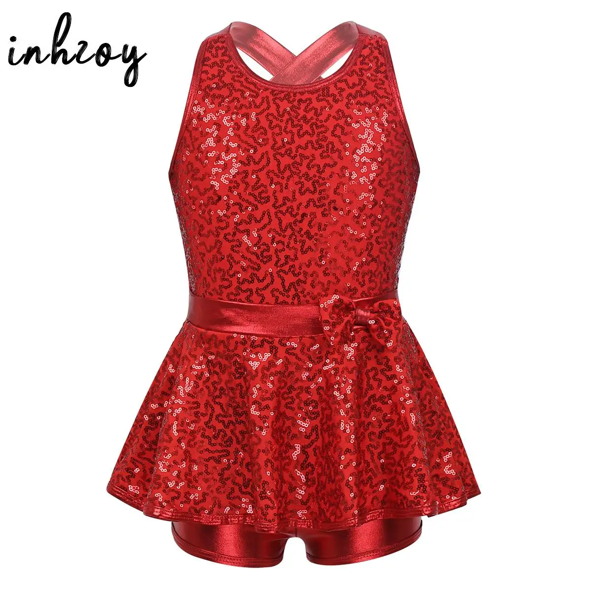 

Girls Sequins Ballet Jazz Tap Dance Costume Kids Shiny Dancewear Sleeveless Criss Cross Back Bowknot Gymnastics Leotard Dress