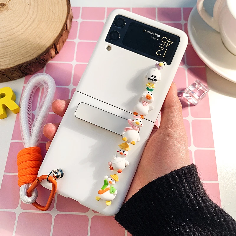 

Cartoon Cute Duck Phone Case for Samsung Galaxy Z Flip 3 Cover Personality Lanyard Z Flip3 Zflip 3 F7110 Women Korean Shell