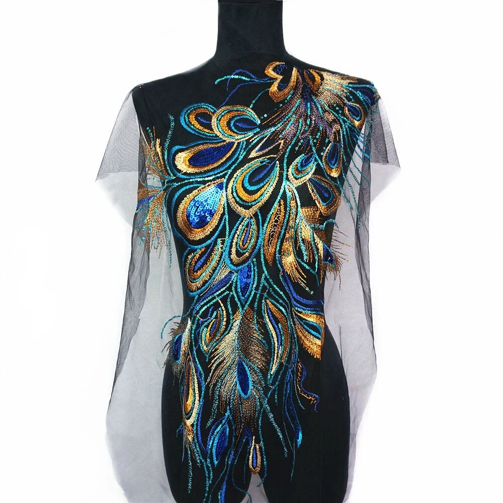 Красно-синие блестки вышитые Феникс перо павлина черное Сетчатое свадебное