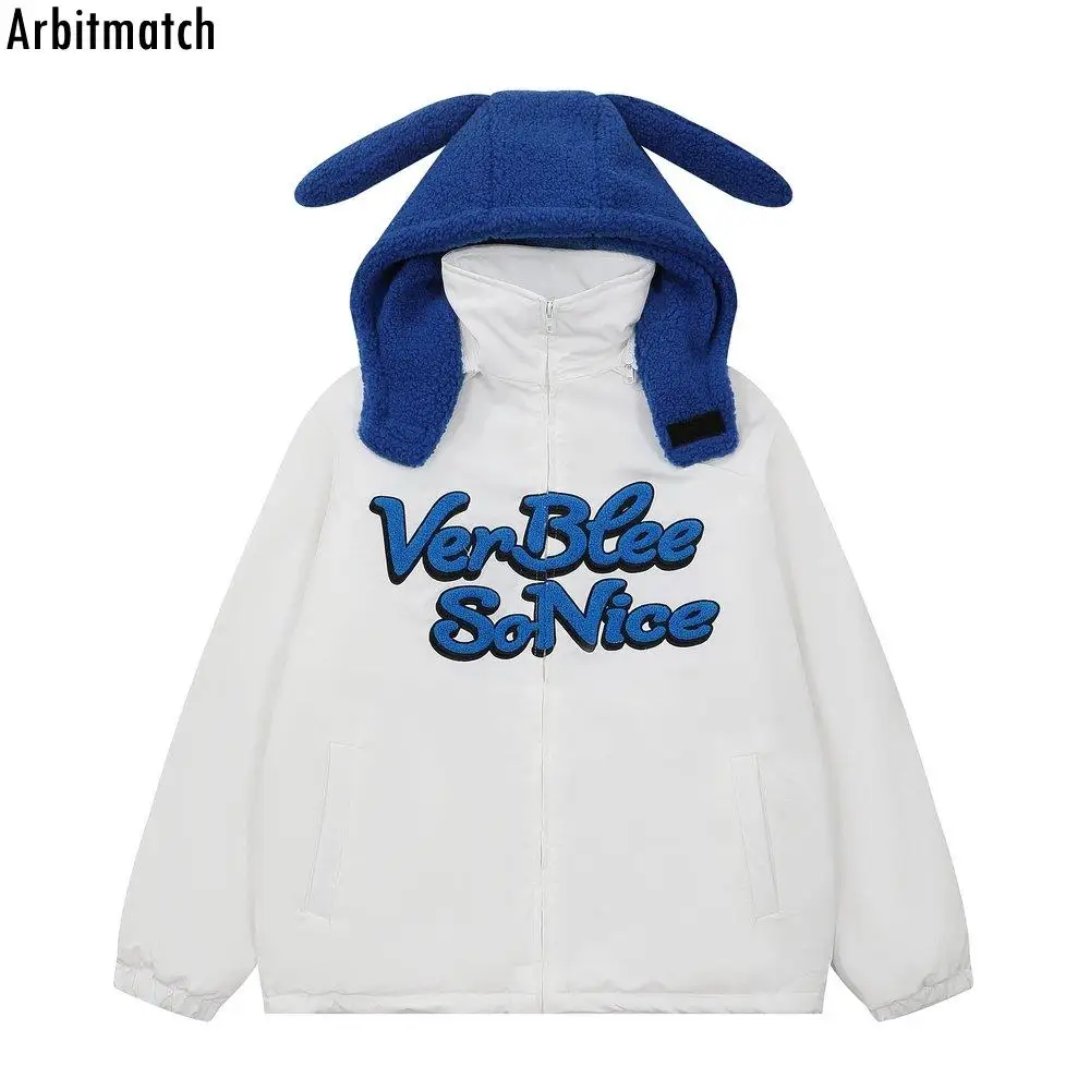 

Hip Hop Removable Rabbit Ears Hooded Cotton Padded Jacket Letter Embroidery Winter Fashionable Thickened Warm Coat Men and Women
