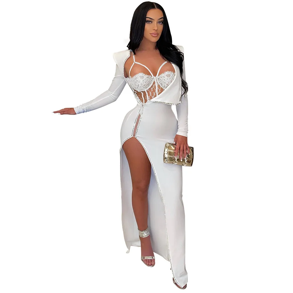Women Sexy Prom Evening Dress Diamond Design Long Sleeve Elegant Party Dress Fashion Bodycon High Split Nightclub Dresses