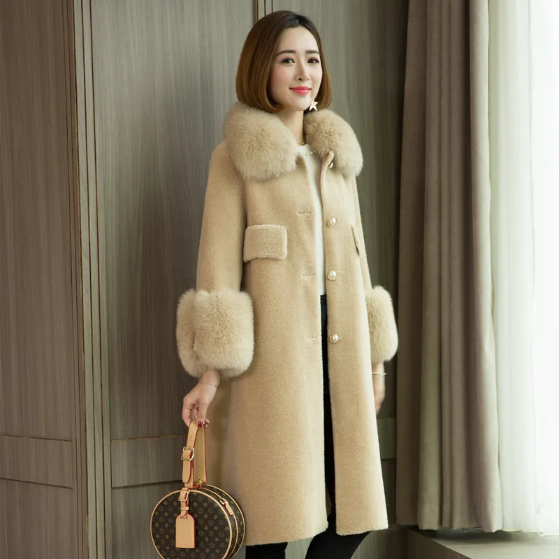 Women 100% Wool Jacket Long Real Fur Coat Winter Jacket Natural Fox Fur Collar And Sleeve Cuff Outerwear Fashion Overcoat