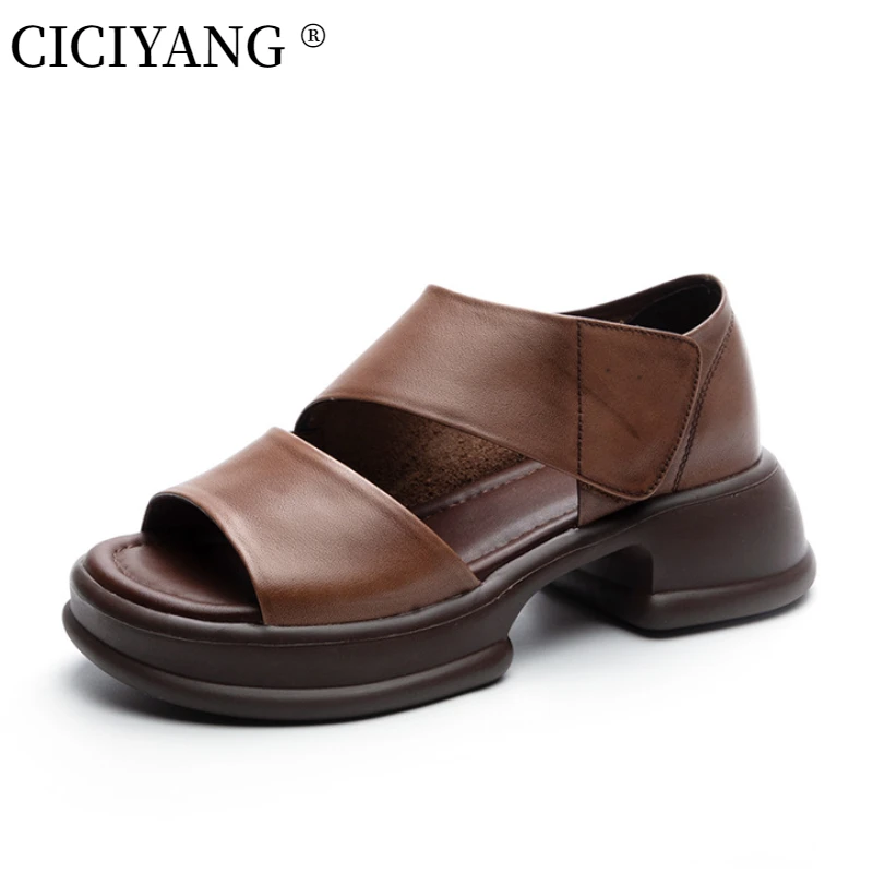 CICIYANG Gladiator Sandals Women Genuine Cowhide Leather 2023 New Summer Chunky Platform Ladies Retro Open-toed Shoes Handmade