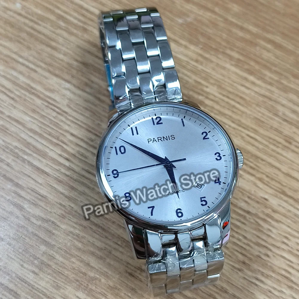 Автоматический белый циферблат Parnis 38 мм Miyota821A голубые знаки мужской
