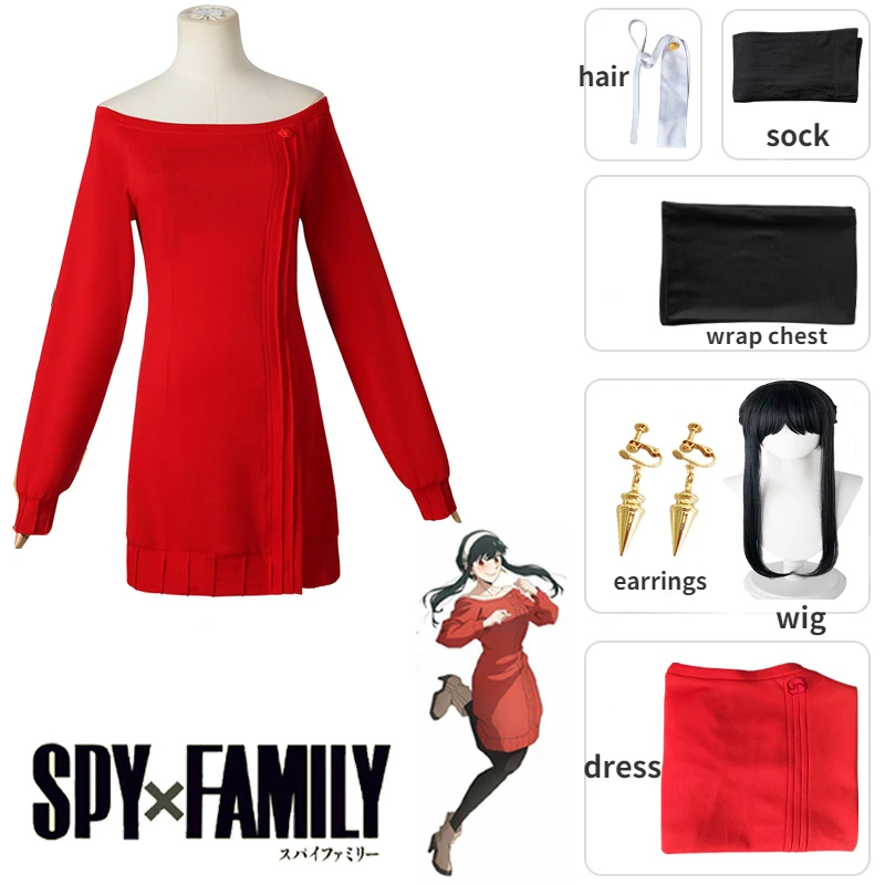 

Шпионская X FAMILY yor свитер для косплея, красная трубка, вязаный парик, Шпилька для волос, серьги, носки, повязка на голову с открытой спиной