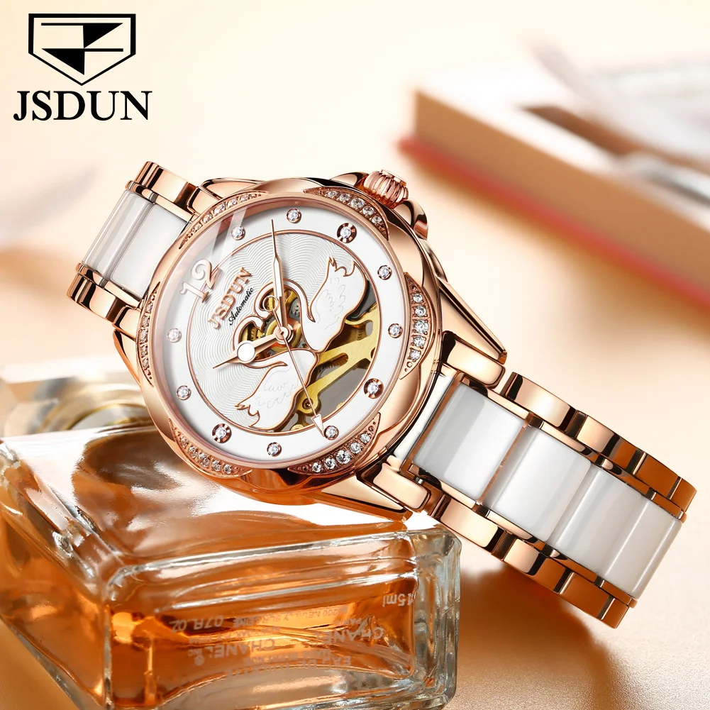 

JSDUN Women Automatic Watch Original Mechanical Movement Ceramic Strap Sapphire Diamond Mirror Elegant Ladies Waterproof Watches