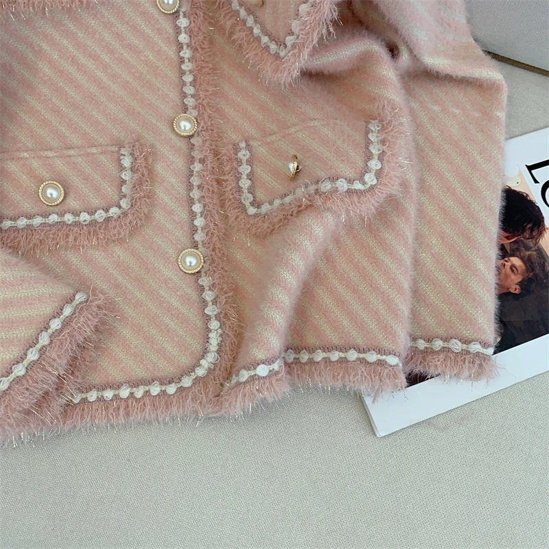 Женский вязаный кардиган с кисточками элегантный жакет в клетку из