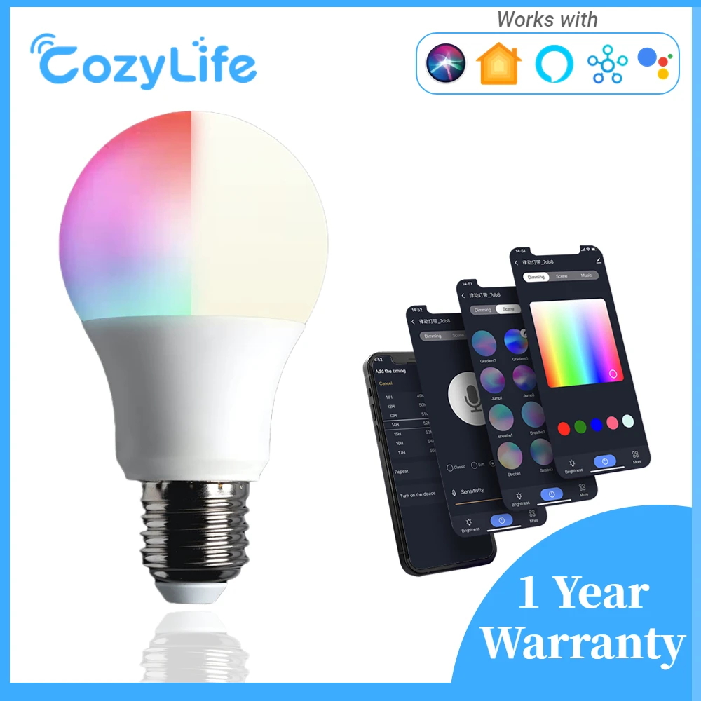

CozyLife Smart Light Bulb Support Apple HomeKit Siri Alexa,A60/E27 9W 850LM WiFi Bulb,RGB Multi-color Dimmable 2700~6500K Lamp