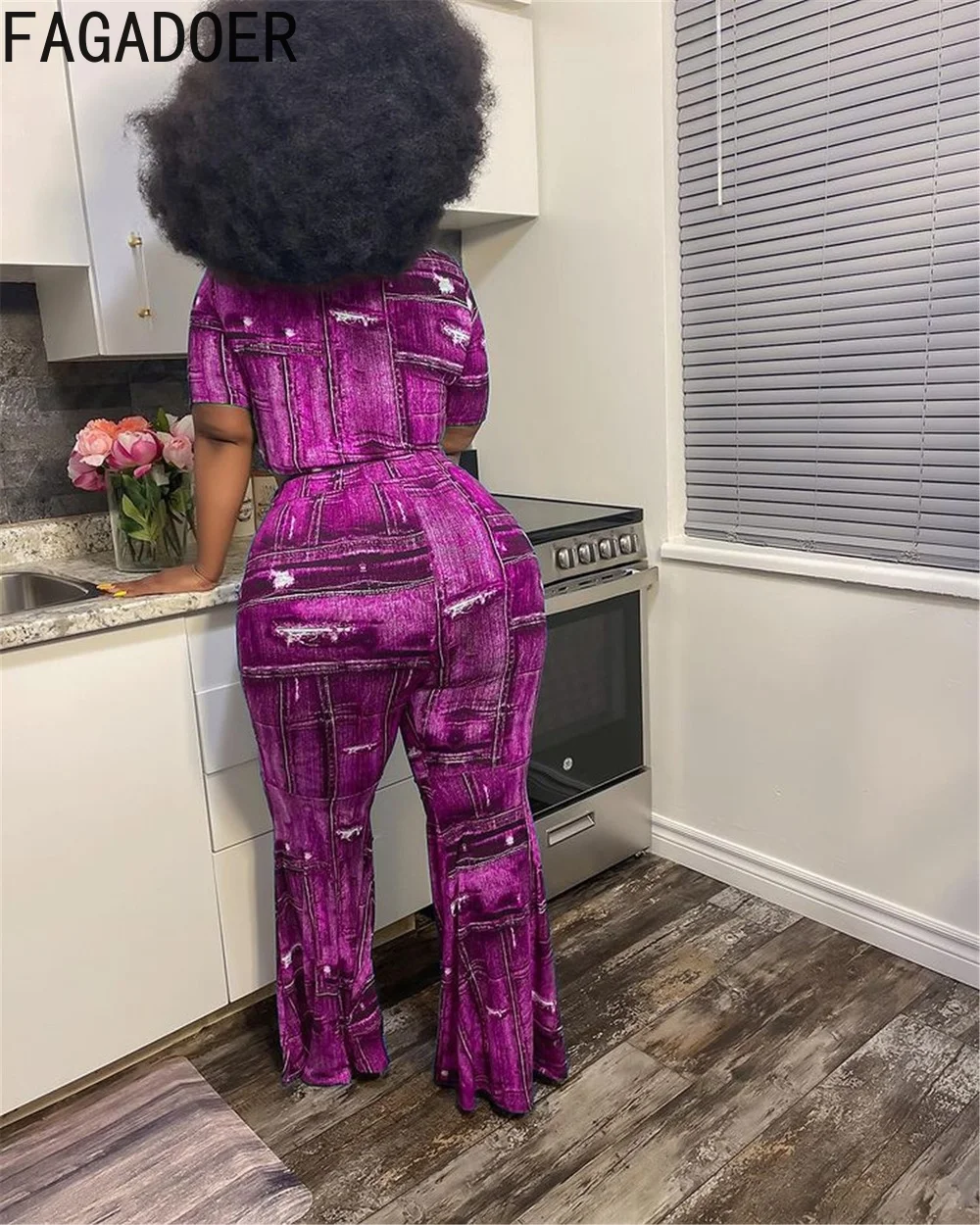 FAGADOER Cowboy Print Plus Size Flares Pants Two Piece Sets Women Short Sleeve Crop Top + Pants Tracksuits Female Streetwear 4XL