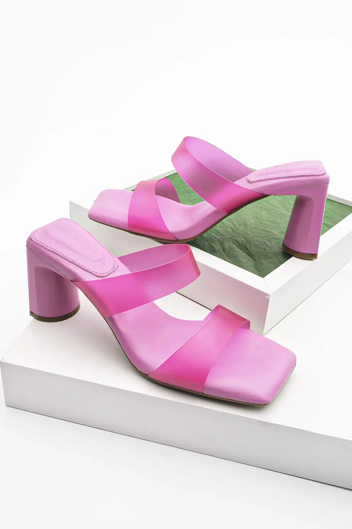 

Women genuine leather Memory Comfort sole transparent band pantyhose thick heel slippers slippers Laviz