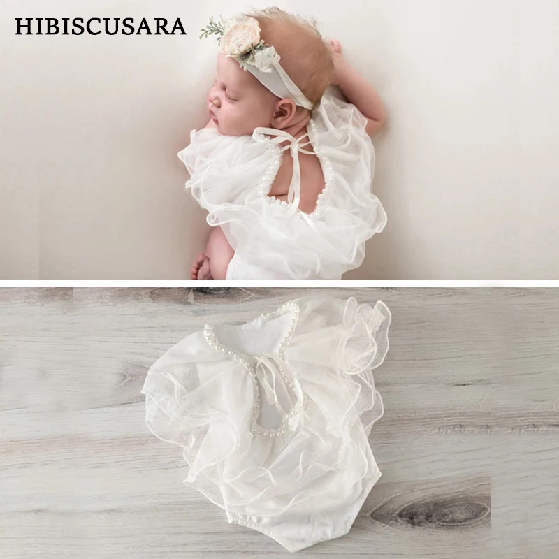 

0-2 Months Baby Photography Clothing White Fairy Romper With Lace Pearls Newborn Girl Photo Shoot Costumes Ruffles Chiffon