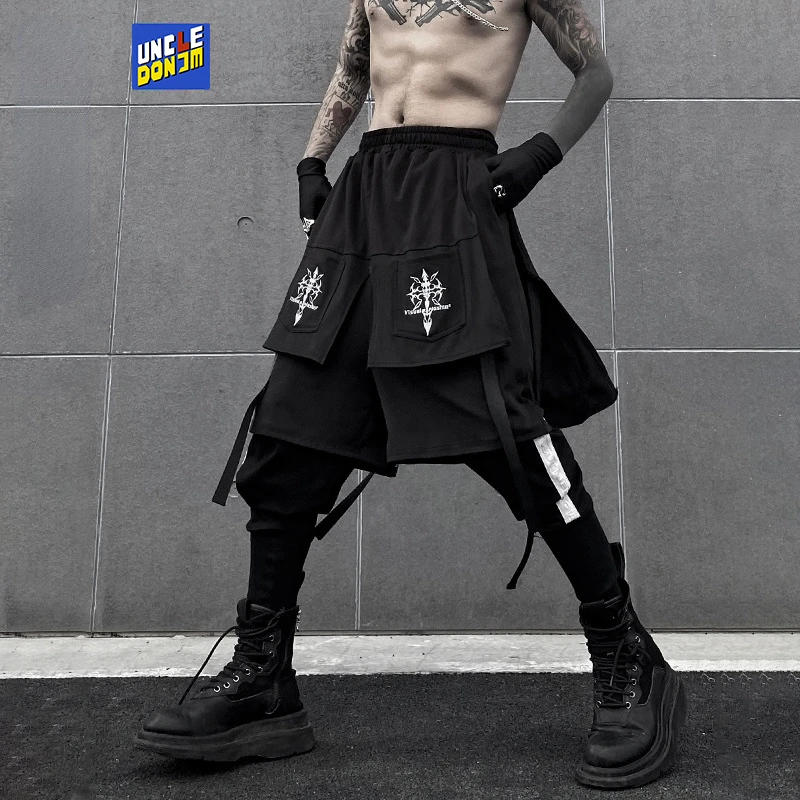 

Мужские брюки-Капри UNCLEDONJM с вышивкой, двухслойные свободные нижние шорты, дизайнерские шаровары с многослойным подолом