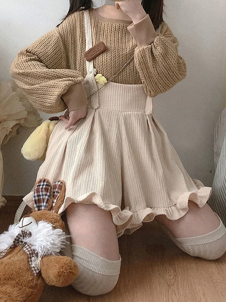 

Japanese Kawaii Strap Shorts Women Corduroy Ruffle Wide Flare Leg Solid Short 2022 Cute Lolita Overalls Chores Para High Waist