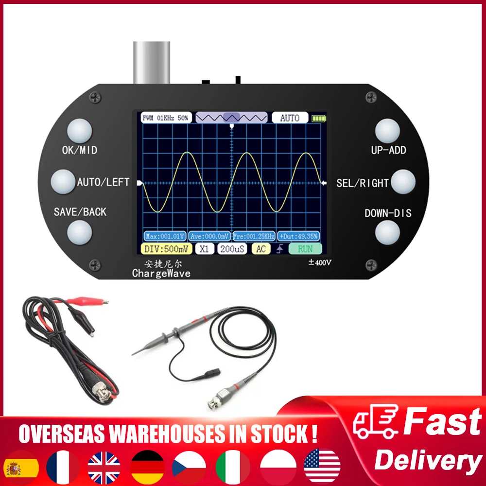 

Handheld Mini Oscilloscope 500KHz Bandwidth 2.5MSa/s Sine Wave/Square Wave/Half Wave/Zinke Pulse Wave Entry-Level Oscilloscope