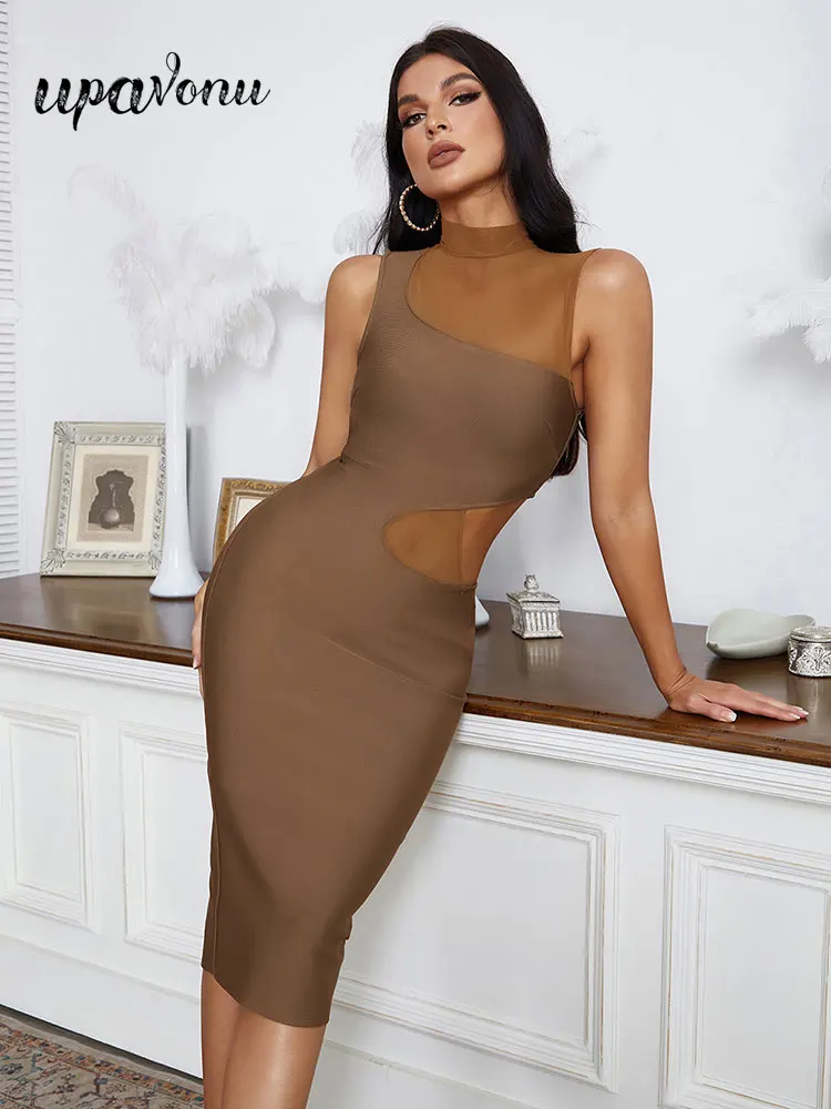 

2022 Summer Bandage Dress Women Stand Collar Sleeveless Mesh Panel Design Bodycon Cutout Dress Celebrity Evening Party Vestidos