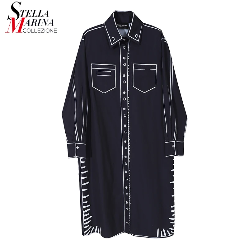 

New Long Sleeve Printed Style Plus Size Woman Black Shirt Dress Fake Pocket Straight Midi Loose Fit Casual Midi Large Dress 6741