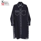 Новинка, женское платье-рубашка с принтом размера плюс, Осеннее черное платье-рубашка с накладным карманом, прямое платье средней длины, женские повседневные платья-миди, Robe Femme 6741