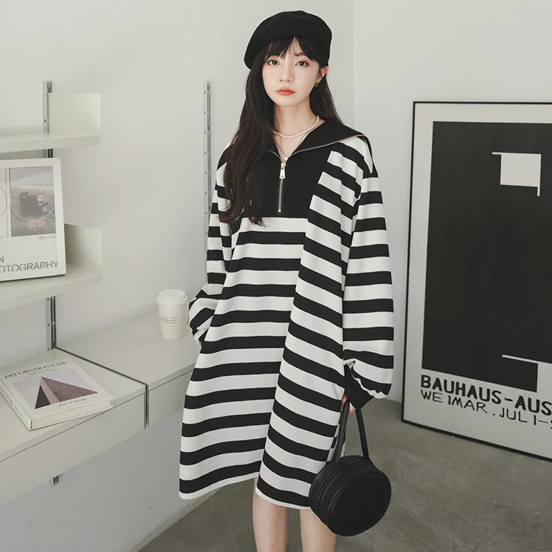 

Preppy Style Sailor Collar Long Sleeve Stripe Dress 2023 Spring New Women Elegant Japan Girl Loose Casual Hoodie Dresses 6735