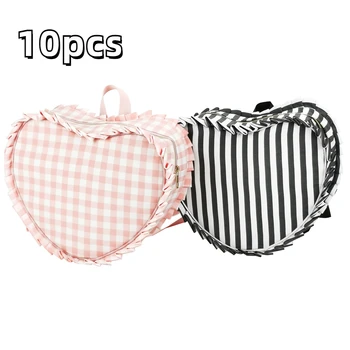 10pcs Cute Waterproof Nylon Heart Backpacks Mini Ruffle Plaid Backpack Love Heart Shape Backpack  For Teenager Girls Book Bag