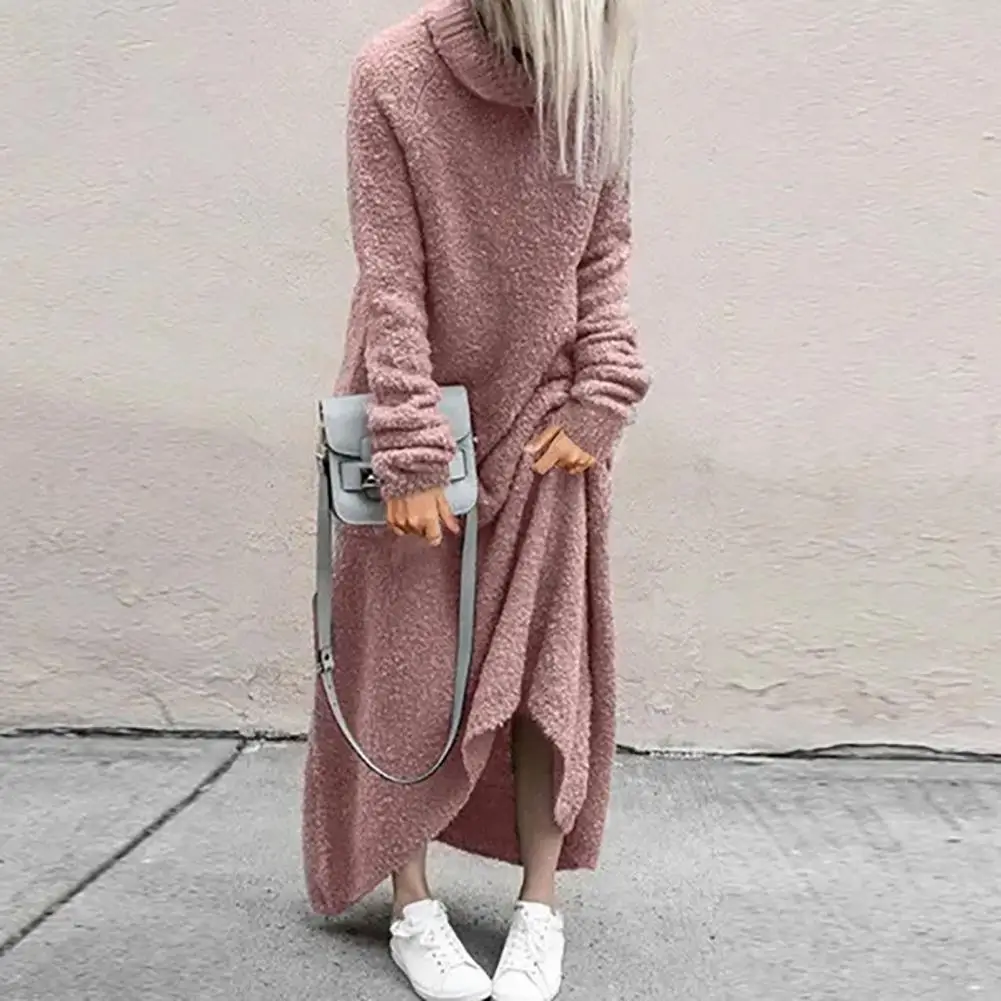 

Sundress Turtleneck Long Sleeve Thickened Plush Dress Autumn Winter Solid Color Plus Size Warm Pullover Maxi Dress Vestidos