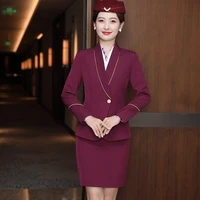 korean style spring autumn women skirt suits two piece set office ladies blazer wine red business work wear stewardess uniform