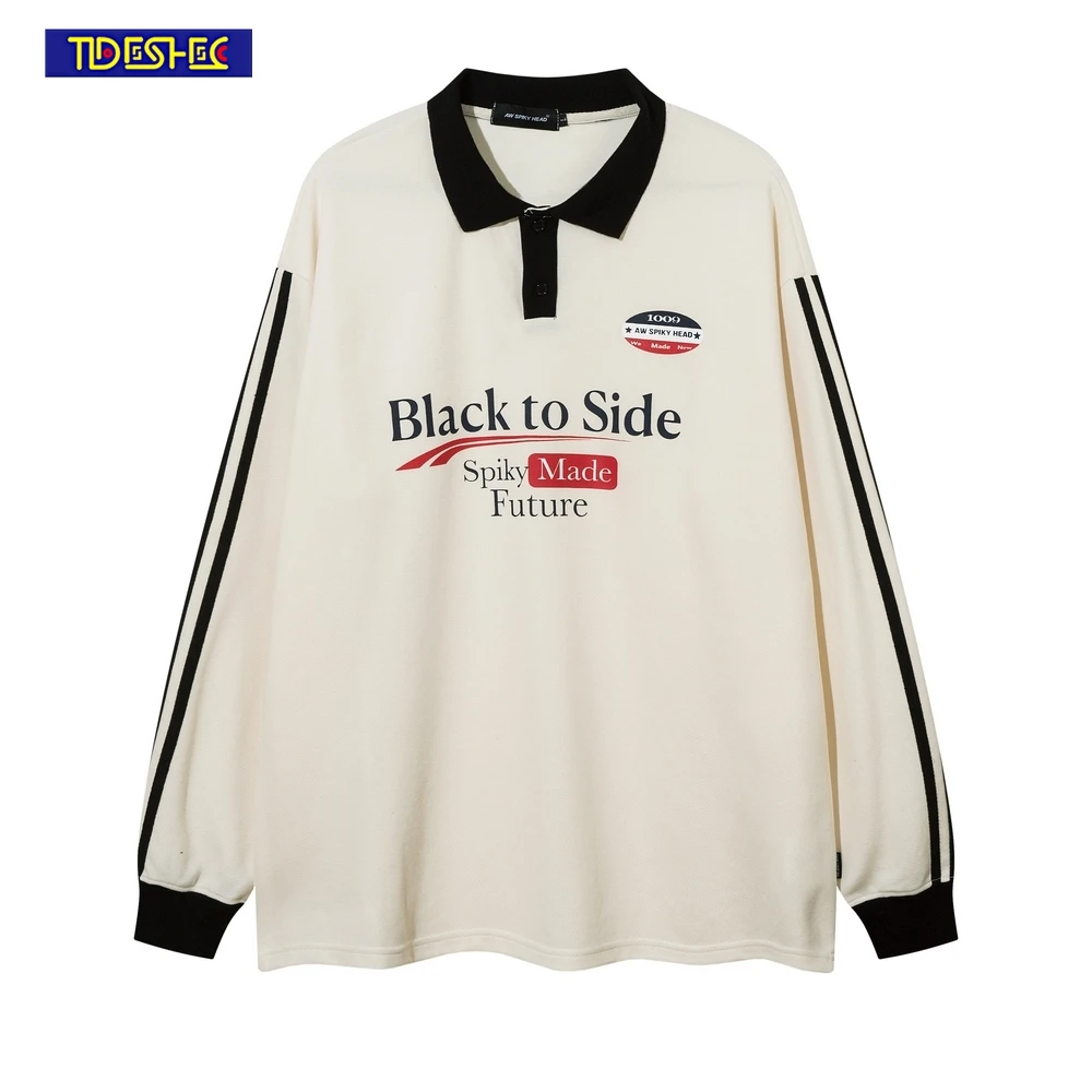 

Vintage Streetwear Oversized Loose Long Sleeve Sweatshirts Harajuku Casual Hip Hop Striped Patchwork Letter Print Men Pullover