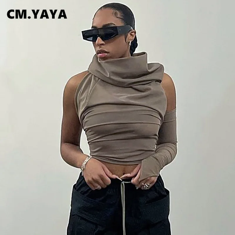 

Женская драпированная футболка CM.YAYA с длинным рукавом, укороченная футболка с открытой спиной и рюшами, топы