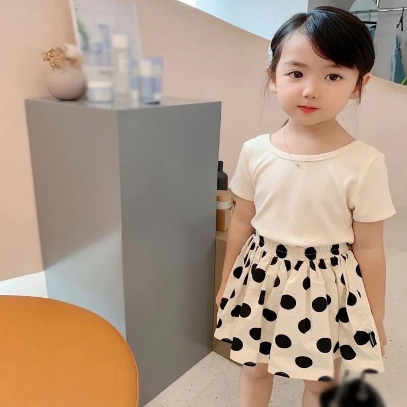 

Children's Skirts Dresses Cotton Baby Girl Polka Dot Pleated Skirts Above Knee Length Summer Ruched A Line Dress Outerwear
