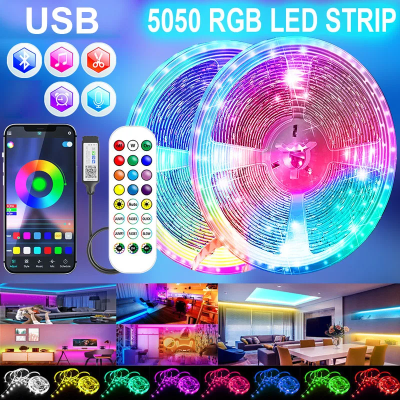 USB Led Strip Light 5050 RGB LED Lights 5V Bluetooth Flexible Ribbon Diode Tape Phone APP Control TV Backlights Room Decoration