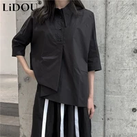 street style irregular pocket buttons casual shirt women harajuku y2k loose lape half sleeve blouse female fashion new clothes