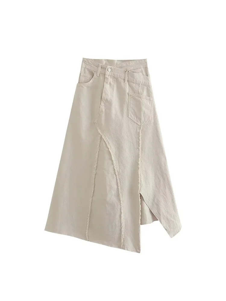

PB&ZA Women New Summer Fashion Rapped Asymmetrical Denim Skirt Vintage High Waist Button Pocket Casual Chic Female Skirts Mujer