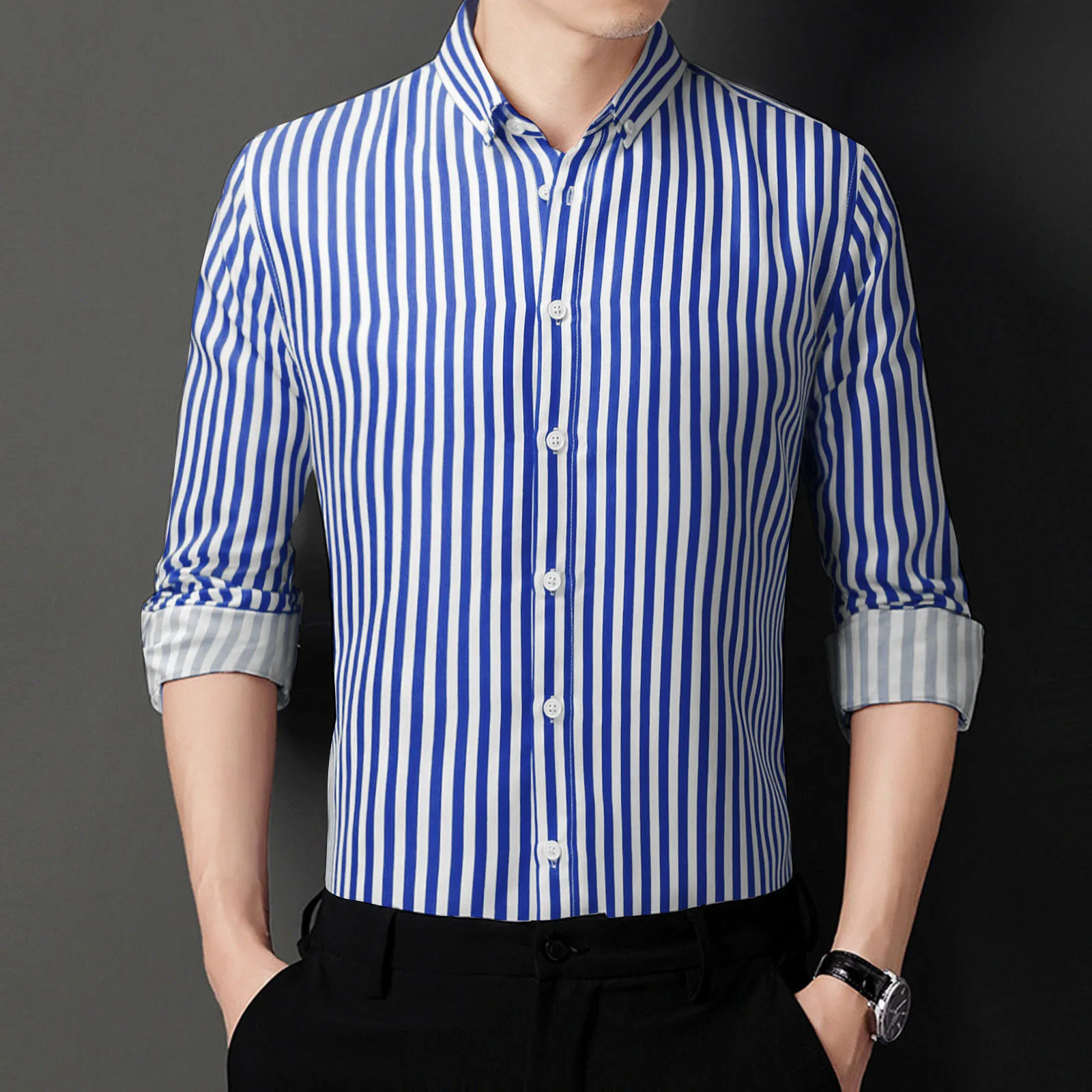 

Mens Tops And Tees Mens Fashion Casual Simplicity Korean Slim Striped Lapel Long Sleeve Shirt Top Mens T Shirts under 10 Dollars