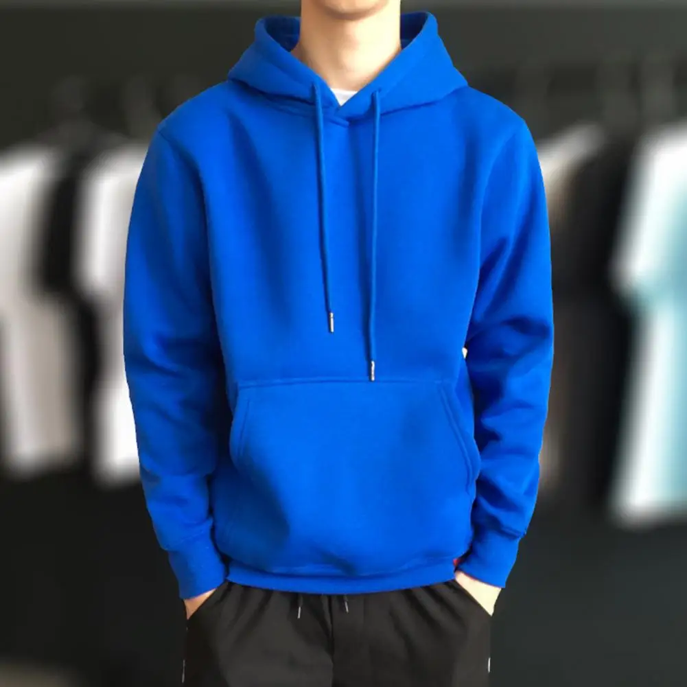 

Men Sweatshirt Skin-Touch Pullover Sweatshirt Thick Autumn Winter Solid Color Fleece Lining Hooded Sweatshirt Windproof