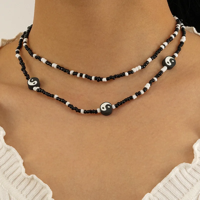 

2022 Double Layers White Black Beads Handmade Choker Necklace Fashion Jewelry