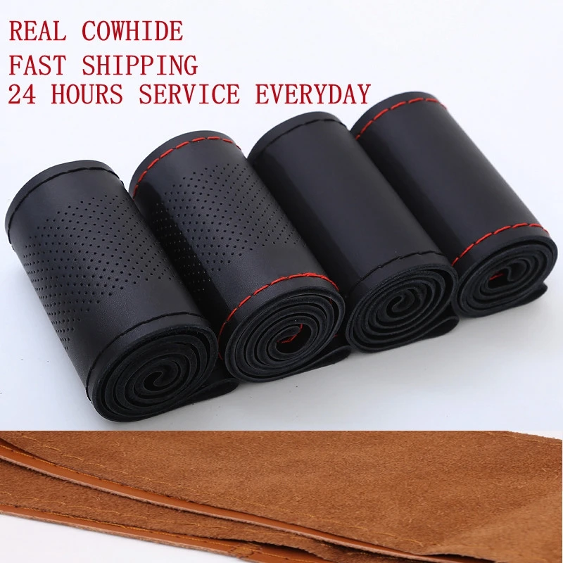 

Real Cowhide Car Steering Wheel Cover Braid 38cm 15inch Hand-stitched Soft Non-slip Genuine Leather Auto Steering Wheel Case