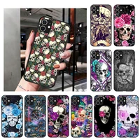retro style flower skull soft black phone case for iphone 13 12 pro xs max x xr 7 8 6s plus 12 13 mini 11 pro max se 2020 cover