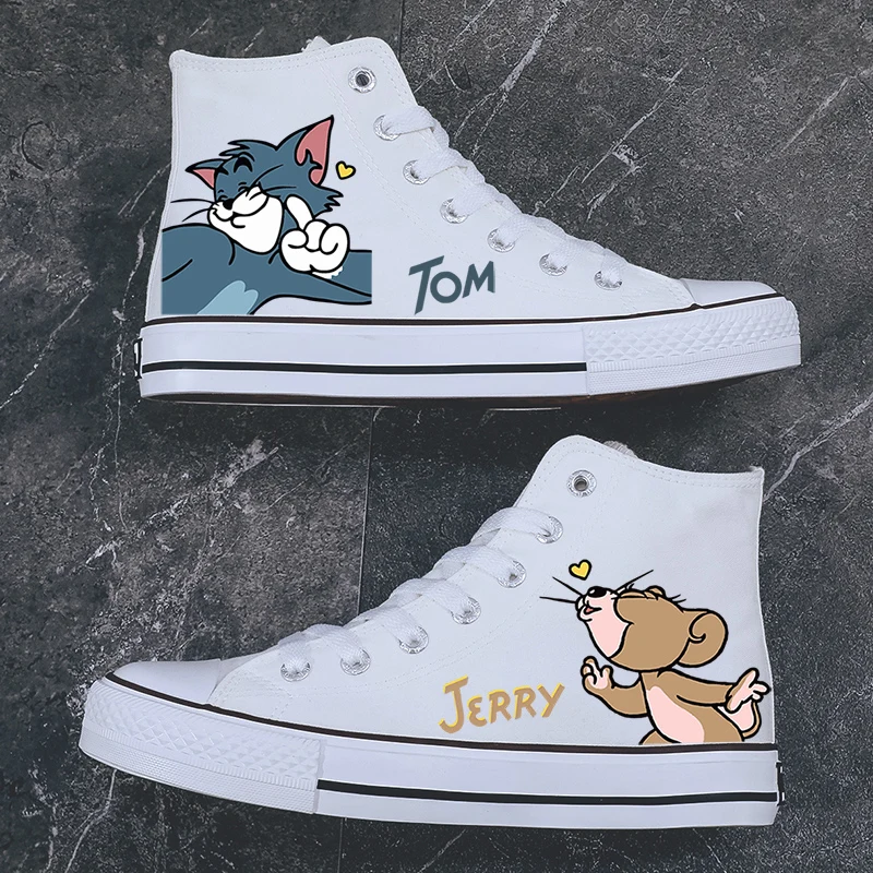 

Kawaii Tom and Jerry Canvas Shoes Men's High Top Sports Board Shoes Spring Lovers Casual Shoes Womens Graffiti Cloth Shoes