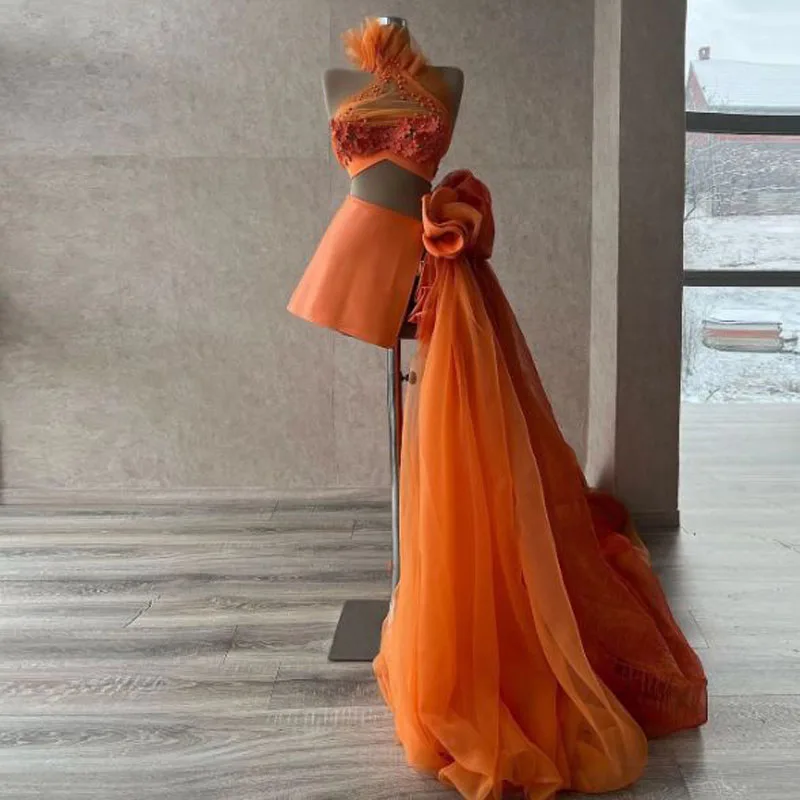 

Orange Two Pieces Prom Dress Sexy Flowers Halter Side Train Cocktail Party Dress Spring Summer Birthday Dress For Photo Shoot
