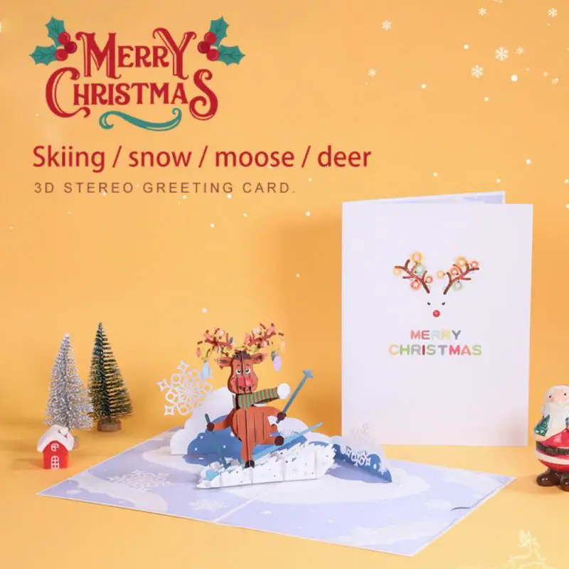 

Christmas Greeting Card Creative Christmas Card Cartoon Thanksgiving 3d Blessing Card Skating Elk Postcard Gift Party Supplies