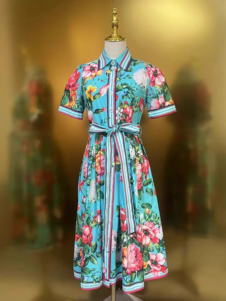 Винтажное однобортное платье с отложным воротником и принтом на завязках