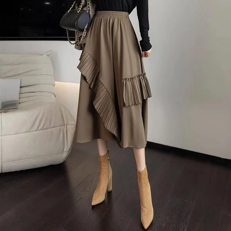 

2022 Spring Fall Women Stretchy High Waisted Ruffled Irregluar Black Mid Calf Skirt , Woman Autumn Fashion A Line Skirts