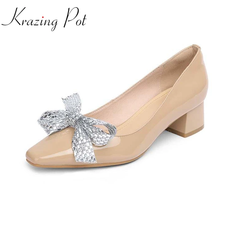 

Krazing Pot Kid Suede Beauty Lady Square Toe Butterfly-knot Crystal-studded Med Heels Brand Shoes Shallow Slip on Women Pumps