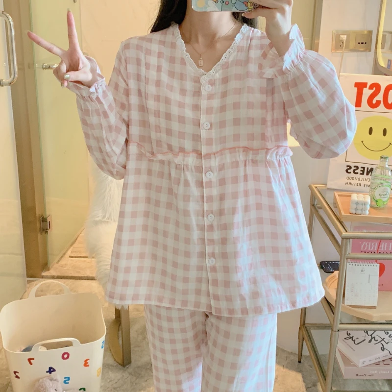 Women 4XL Confinement Clothes Nursing Pajamas Cotton Plaid V-Neck Button Suit Grid Suit Autumn Thin Breastfeeding Sleepwear Set