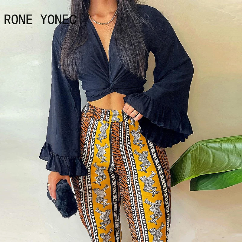 

Women Chic Solid Flared Sleeves Crop Top Deep V Neck & All Over Print Pants Skinny Sexy Pants Sets