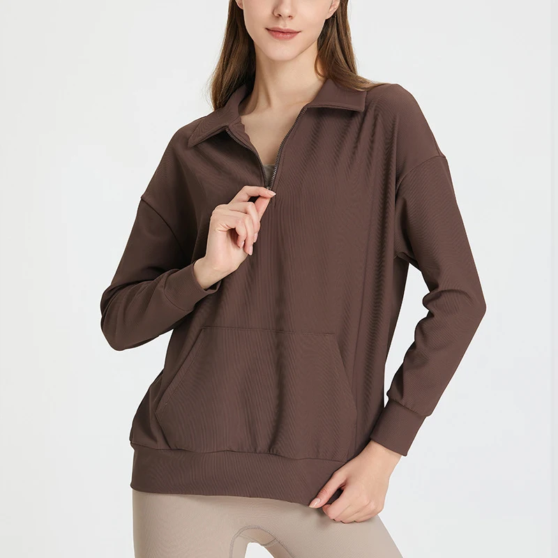 

Long Sleeve Sweatshirt Women Half Zipper V-Neck Lapels Outdoor Fitness Top Solid Color Ribbed Workout Running Shirt Sportswear