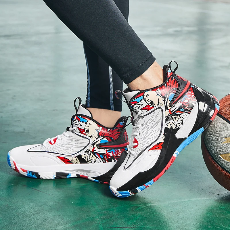 Couple Graffiti Basketball Shoes Unisex Leather Mesh Large Size Non-slip Wear-resistant Soft And Comfortable